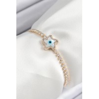 Pirinç Zirkon Taşlı Nazar Yıldız Model Gold Renk Asansörlü Kadın Bileklik TJ-BB7470