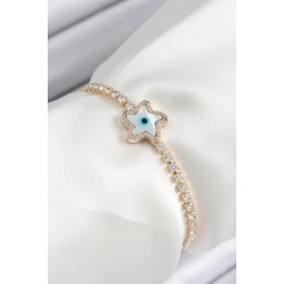 Pirinç Zirkon Taşlı Nazar Yıldız Model Gold Renk Asansörlü Kadın Bileklik TJ-BB7470