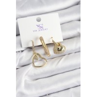 Pirinç Zİrkon Taşlı Kalp Model Gold Renk 3'lü Kadın Küpe TJ-BKP10936