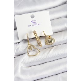 Pirinç Zİrkon Taşlı Kalp Model Gold Renk 3'lü Kadın Küpe TJ-BKP10936