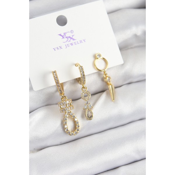 Pirinç Zİrkon Taşlı Sallantılı Model Gold Renk 3'lü Kadın Küpe TJ-BKP10939