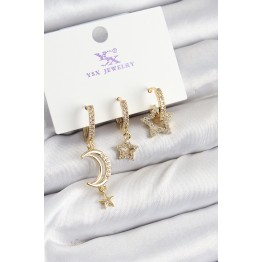 Pirinç Zİrkon Taşlı Ay Ve Hilal Model Gold Renk 3'lü Kadın Küpe TJ-BKP10942