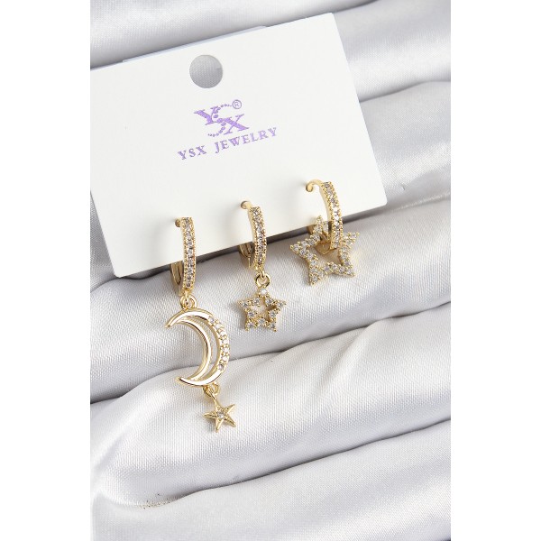 Pirinç Zİrkon Taşlı Ay Ve Hilal Model Gold Renk 3'lü Kadın Küpe TJ-BKP10942