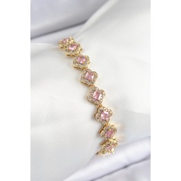 Pirinç Zirkon Taşlı Pembe Yonca Baget Model Gold Renk VIP Seri Kadın Bileklik TJ-BB7506