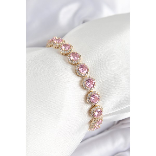 Pirinç Pembe Zirkon Taşlı Daire Baget Model Gold Renk VIP Seri Kadın Bileklik TJ-BB7512