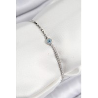Pirinç Zirkon Taşlı Nazar Model Ezme Zincir Gümüş Renk Kadın Bileklik TJ-BB7584