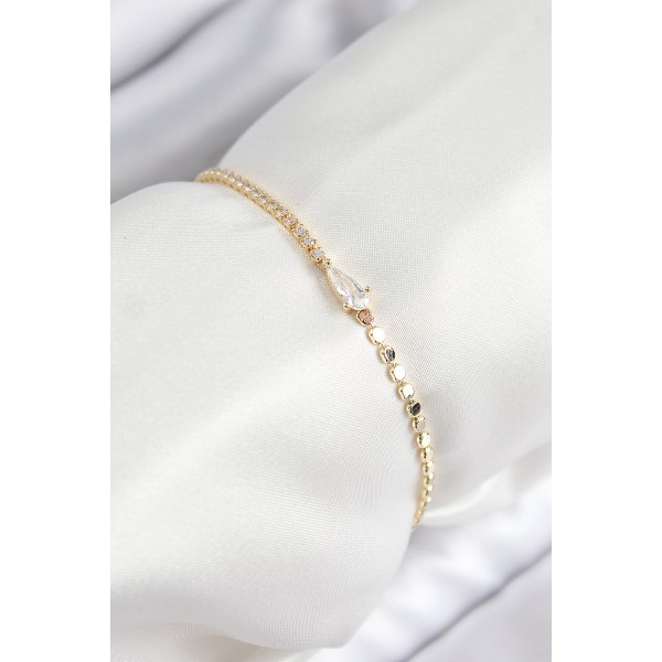 Pirinç Zirkon Taşlı Damla Model Ezme Zincir Gold Renk Kadın Bileklik TJ-BB7589