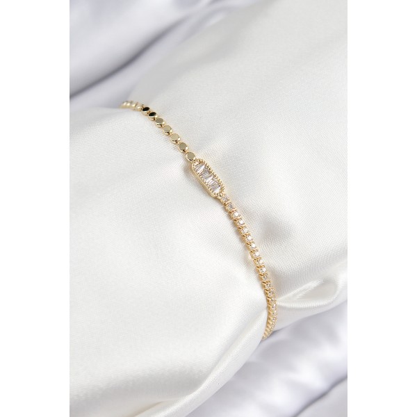Pirinç Zirkon Taşlı Dikdörtgen Model Ezme Zincir Gold Renk Kadın Bileklik TJ-BB7593