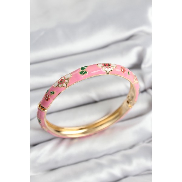 Mineli Pirinç Pembe Çiçek Motifli Gold Kadın Kelepçe TJ-BB7617
