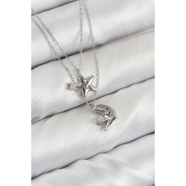 Pirinç Zirkon Taşlı Yıldız Ve Ay Model Gümüş Renk Kadın Kolye TJ-BKO10423
