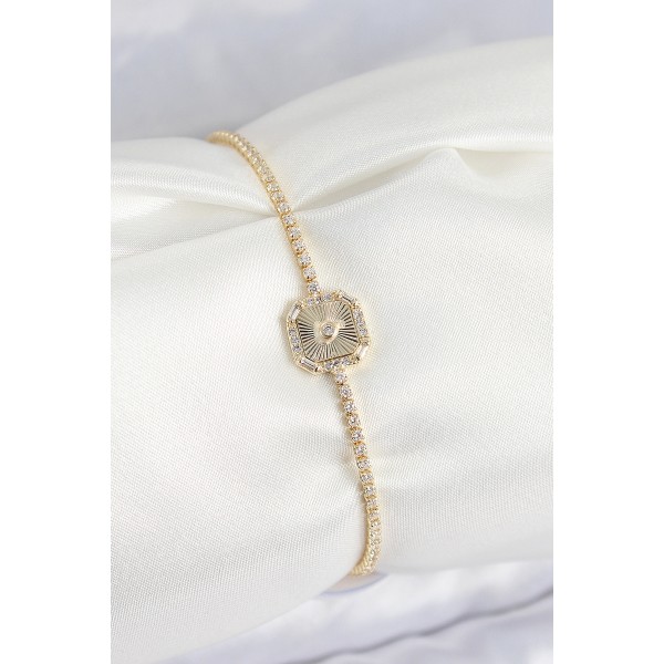Pirinç Zirkon Taşlı Kare Model Gold Renk Kadın Bilekilk - TJ-BB7661