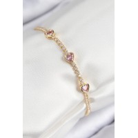 Pirinç Zirkon Taşlı Pembe Kalp Model Gold Renk Kadın Bileklik TJ-BB7687