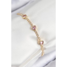 Pirinç Zirkon Taşlı Pembe Kalp Model Gold Renk Kadın Bileklik TJ-BB7687