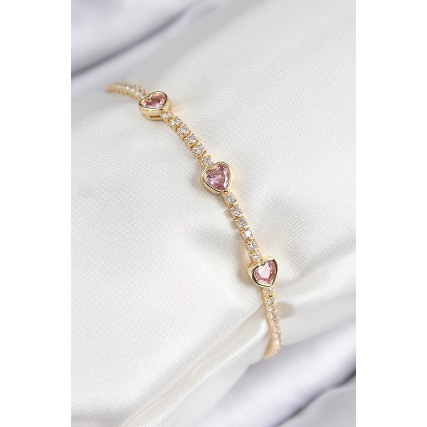 Pirinç Zirkon Taşlı Pembe Kalp Model Gold Renk Kadın Bileklik TJ-BB7687