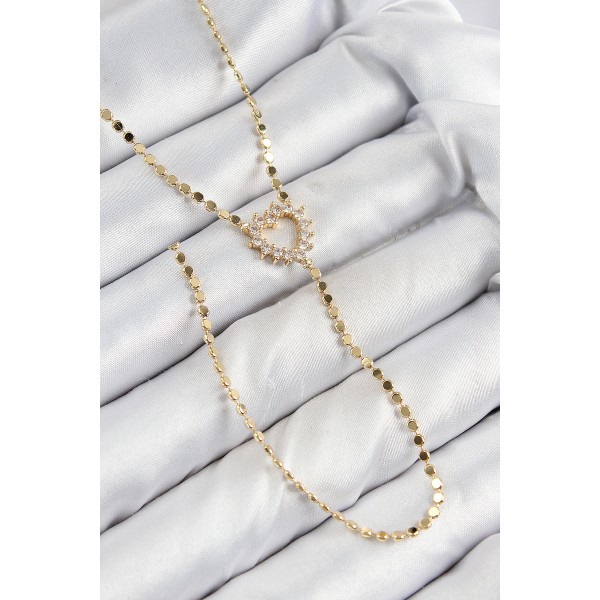 Pirinç Zirkon Taşlı Ezme Zincirli Kalp Model Gold Renk Y Kolye TJ-BKO10461