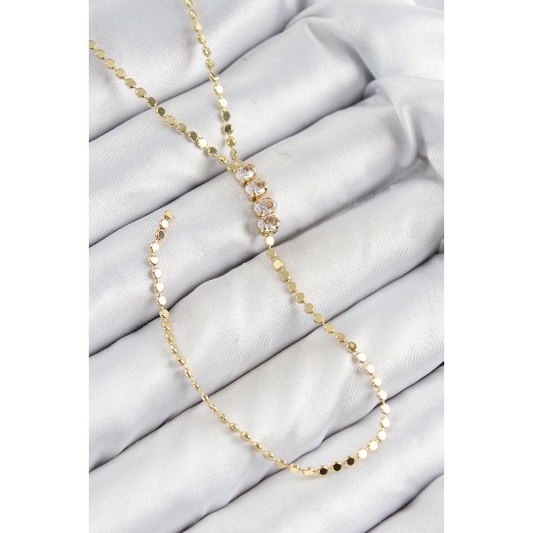 Pirinç Zirkon Taşlı Ezme Zincirli Model Gold Renk Y Kolye TJ-BKO10465