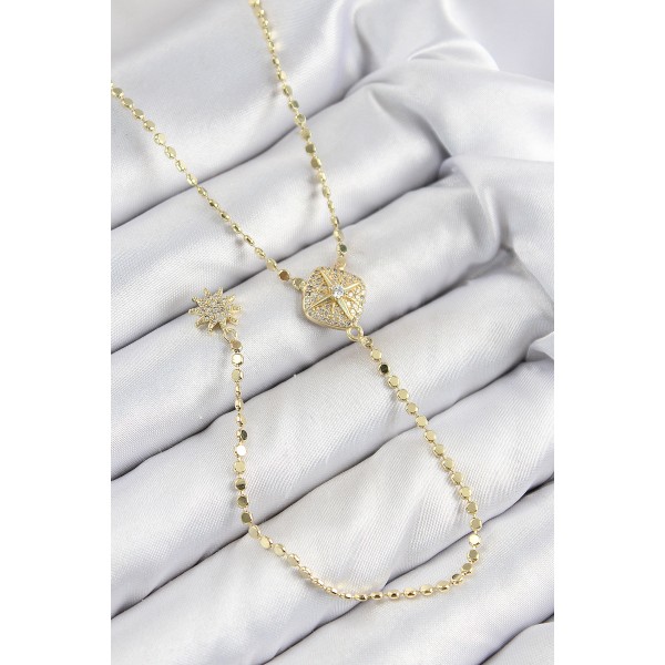 Pirinç Zirkon Taşlı Ezme Zincirli Madalyon Model Gold Renk Y Kolye TJ-BKO10471