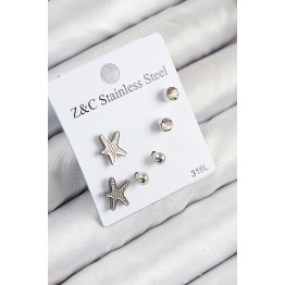 316L Çelik Zirkon Taşlı Deniz Yıldızı Model Gümüş Renk Kadın Set Küpe TJ-BKP11119