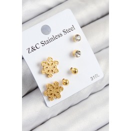 316L Çelik Zirkon Taşlı Kar Tanesi Model Gold Renk Kadın Set Küpe TJ-BKP11122