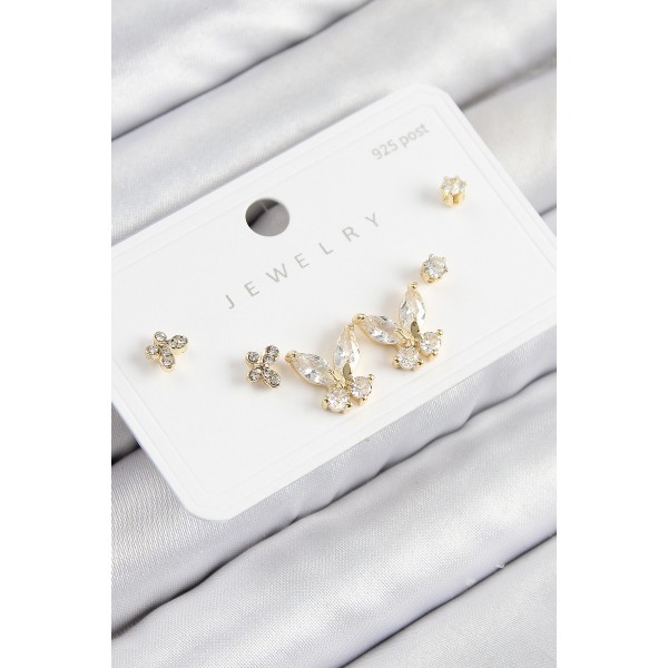 Pirinç Zirkon Taşlı Model Gold Renk 925 Ayar Gümüş Çivi Kadın Küpe Set - TJ-BKP11166