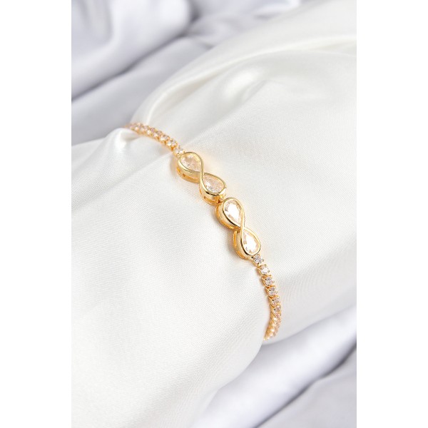 Pirinç Zirkon Taşlı Sonsuzluk Model Gold Renk Asansörlü Kadın Bileklik TJ-BB7721