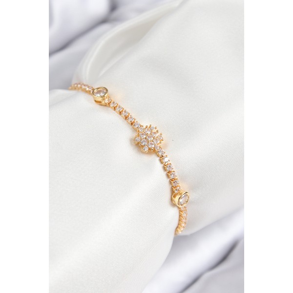 Pirinç Zirkon Taşlı Kar Tanesi Model Gold Renk Asansörlü Kadın Bileklik TJ-BB7723