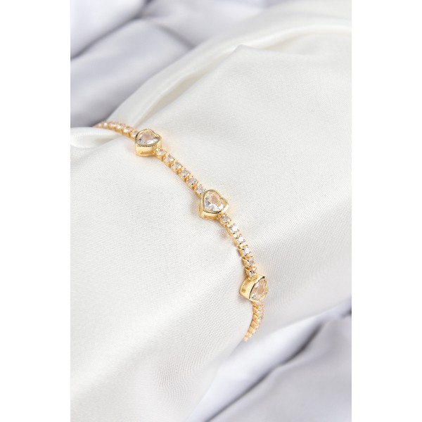 Pirinç Zirkon Taşlı Sıralı Kalp Model Gold Renk Kadın Bileklik TJ-BB7729