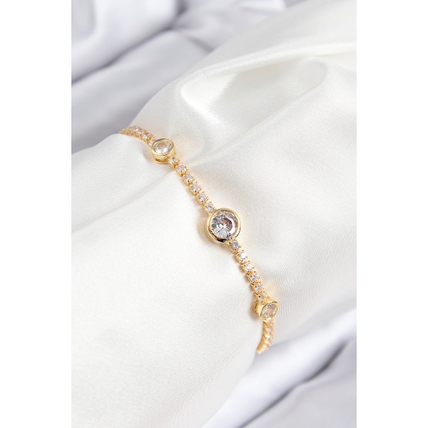 Pirinç Zirkon Taşlı Daire Model Gold Renk Asansörlü Kadın Bileklik TJ-BB7733