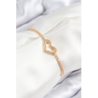 Pirinç Zirkon Taşlı Kalp Model Gold Renk Asansörlü Kadın Bileklik TJ-BB7743