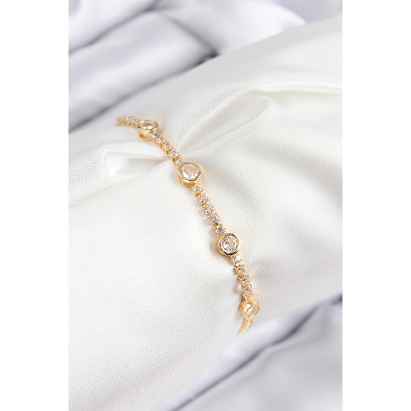 Pirinç Zirkon Taşlı Daire Model Gold Renk Asansörlü Kadın Bileklik TJ-BB7745