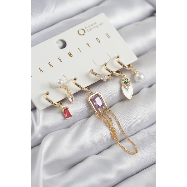 Pirinç Zirkon Taşlı Sallantılı Ve İncili Gold Renk 6'lı Küpe Set - TJ-BKP11204