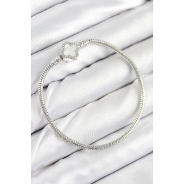 Pirinç Charm Zirkon Taşlı Yonca Model Gümüş Renk Kadın Bileklik TJ-BB7799