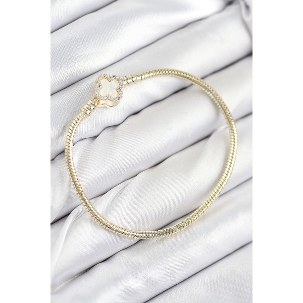 Pirinç Charm Zirkon Taşlı Yonca Model Gold Renk Kadın Bileklik TJ-BB7805