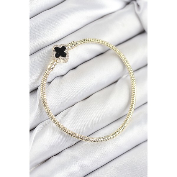 Pirinç Charm Zirkon Taşlı Yonca Model Gold Renk Kadın Bileklik TJ-BB7806