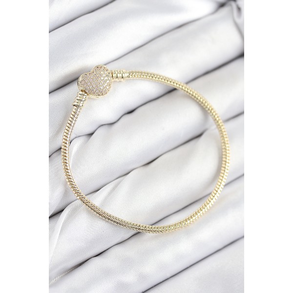 Pirinç Charm Zirkon Taşlı Kalp Model Gold Renk Kadın Bileklik TJ-BB7809