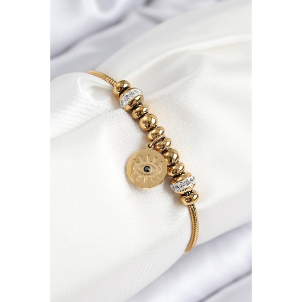 316L Çelik Zirkon Taşlı Göz Charm Model Gold Renk Kadın Bileklik TJ-BB7842