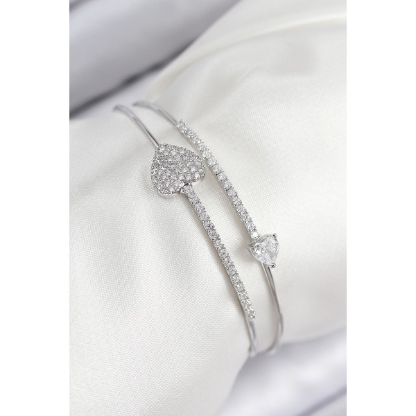 Pirinç Zirkon Taşlı Kalp Model Gümüş Renk Kadın Bileklik TJ-BB7852
