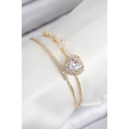 Pirinç Zirkon Taşlı Kalp Model Gold Renk Kadın Bileklik TJ-BB7855