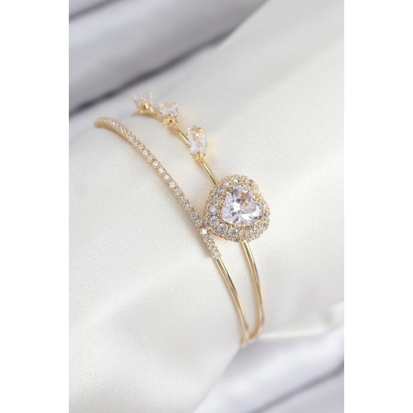 Pirinç Zirkon Taşlı Kalp Model Gold Renk Kadın Bileklik TJ-BB7855