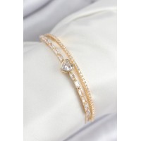 Pirinç Zirkon Taşlı Kalp Model Gold Renk Kadın Bileklik TJ-BB7873