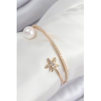 Pirinç Zirkon Taşlı Yıldız Ve İnci Model Gold Renk Kadın Bileklik TJ-BB7883