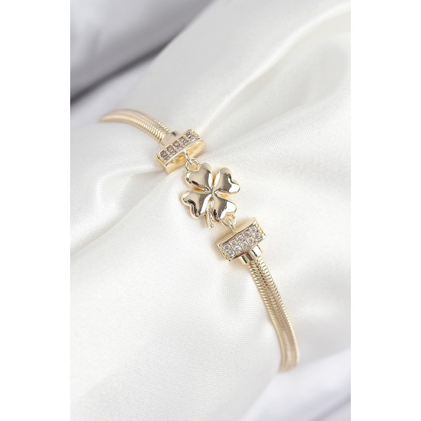 Pirinç Zirkon Taşlı Yonca Model Gold Renk Kadın Bileklik TJ-BB7897
