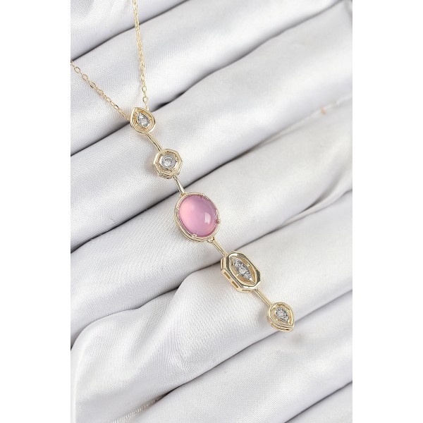 Pirinç Zincir Pembe Gold Renk Zirkon Taşlı Y Kolye TJ-BKO10554