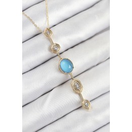 Pirinç Zincir Mavi Gold Renk Zirkon Taşlı Y Kolye TJ-BKO10558