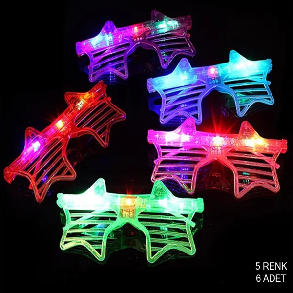 Işıklı Yıldız Şekilli Led Parti Gözlüğü 5 Renk 6 lı Set