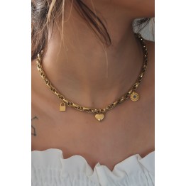 Çelik Gold Renk Kalın Zincir Model Kalp Figür Kadın Kolye - TJ-BKO6898