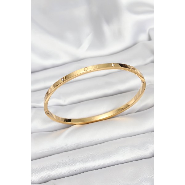 316L Çelik Gold Renk Zirkon Taşlı 65 mm İnce Kadın Kelepçe Bileklik TJ-BB7914