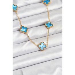 316L Çelik Zincir Gold Buz Mavisi Renk Yonca Kolye TJ-BKO10566