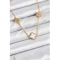 316L Çelik Zincir Gold Renk Beyaz ve Zirkon Taşlı Yonca Kadın Kolye TJ-BKO10590