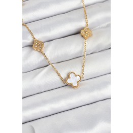 316L Çelik Zincir Gold Renk Beyaz ve Zirkon Taşlı Yonca Kadın Kolye TJ-BKO10590